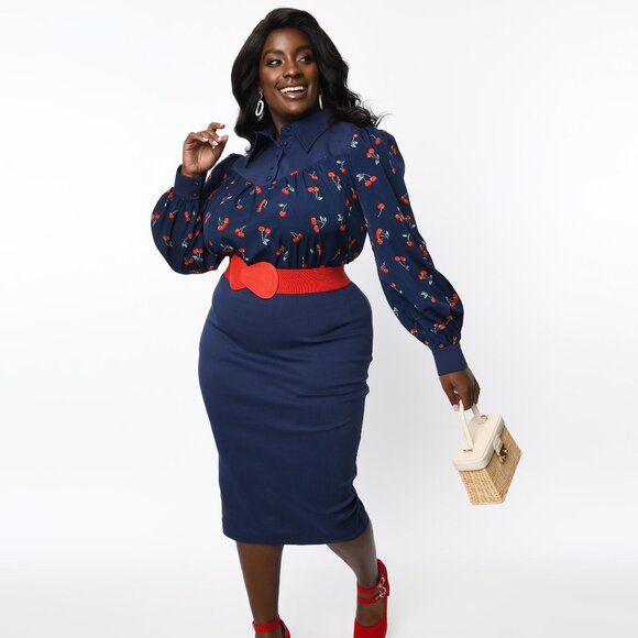 Unique Vintage Dresses & Skirts - NWT Unique Vintage Navy Cherry Print Bishop Sleeve Wiggle Pencil Dress L(10/12)